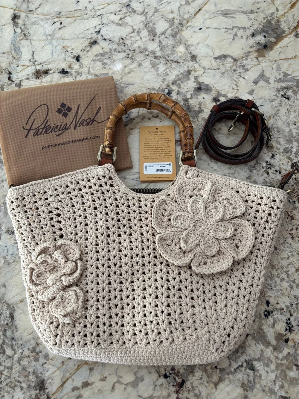 Patricia Nash Mazara Cream Crochet Tote with Bamboo Handles